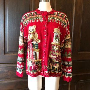 Vintage Tiara Petites Size PM Red Cardigan Sweater 2000 Teddy Bear Fair Isle